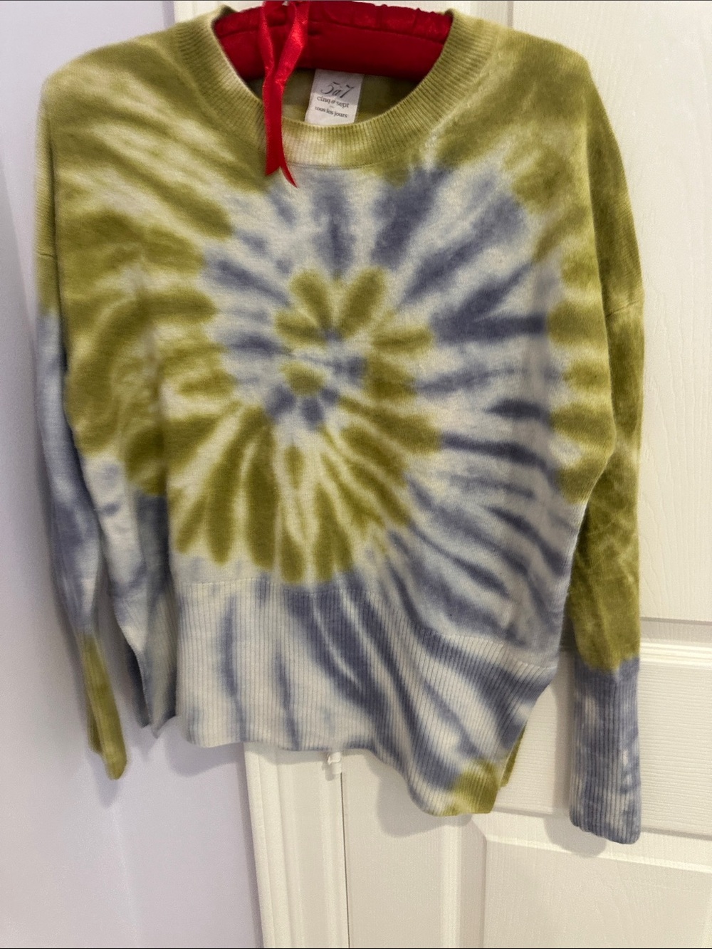 cinq a sept Olive Green & Light Blue Tie-Dye Crewneck Sweater